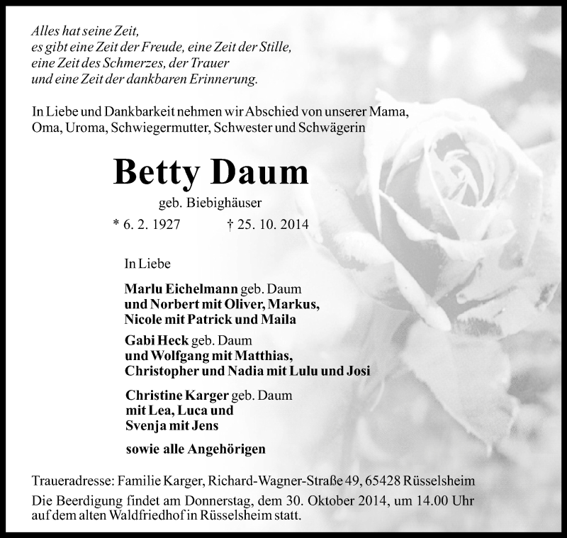  Traueranzeige für Betty Daum vom 29.10.2014 aus Rüsselsheimer Echo, Groß-Gerauer-Echo, Ried Echo
