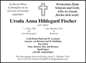 Traueranzeige von Ursula Anna Hildegard Fischer von Starkenburger Echo