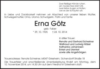 Traueranzeige von Erna Götz von Echo-Zeitungen (Gesamtausgabe)
