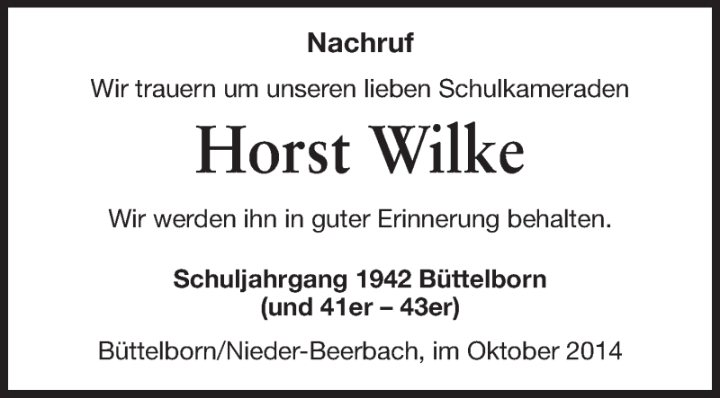  Traueranzeige für Horst Wilke vom 30.10.2014 aus Rüsselsheimer Echo, Groß-Gerauer-Echo, Ried Echo