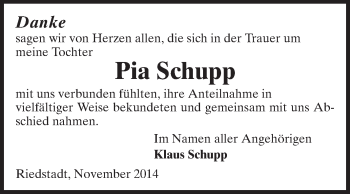 Traueranzeige von Pia Schupp von Rüsselsheimer Echo, Groß-Gerauer-Echo, Ried Echo