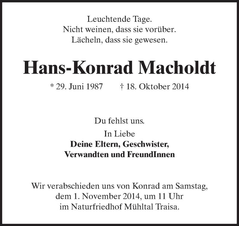  Traueranzeige für Hans-Konrad Macholdt vom 31.10.2014 aus Echo-Zeitungen (Gesamtausgabe)