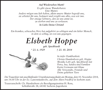 Traueranzeige von Elsbeth Hoppe von Echo-Zeitungen (Gesamtausgabe)