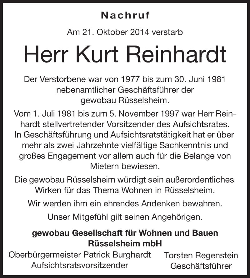  Traueranzeige für Kurt Reinhardt vom 31.10.2014 aus Rüsselsheimer Echo, Groß-Gerauer-Echo, Ried Echo