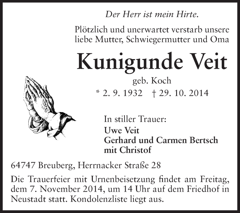  Traueranzeige für Kunigunde Veit vom 04.11.2014 aus Odenwälder Echo