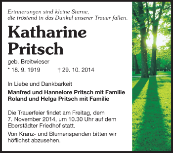 Traueranzeige von Katharine Pritsch von Echo-Zeitungen (Gesamtausgabe)