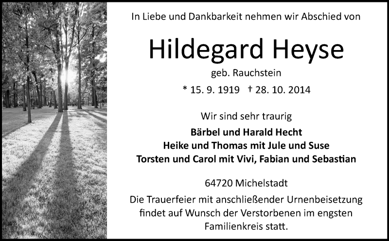  Traueranzeige für Hildegard Heyse vom 01.11.2014 aus Odenwälder Echo