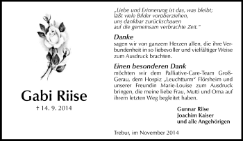 Traueranzeige von Gabi Riise von Rüsselsheimer Echo, Groß-Gerauer-Echo, Ried Echo