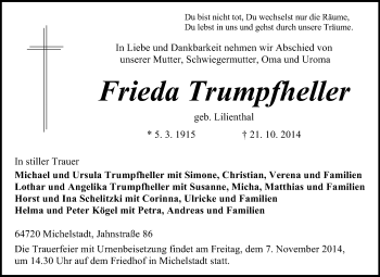 Traueranzeige von Frieda Trumpfheller von Odenwälder Echo