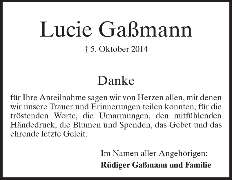  Traueranzeige für Lucie Gaßmann vom 01.11.2014 aus Echo-Zeitungen (Gesamtausgabe)