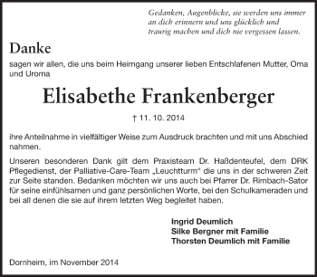 Traueranzeige von Elisabethe Frankenberger von Rüsselsheimer Echo, Groß-Gerauer-Echo, Ried Echo