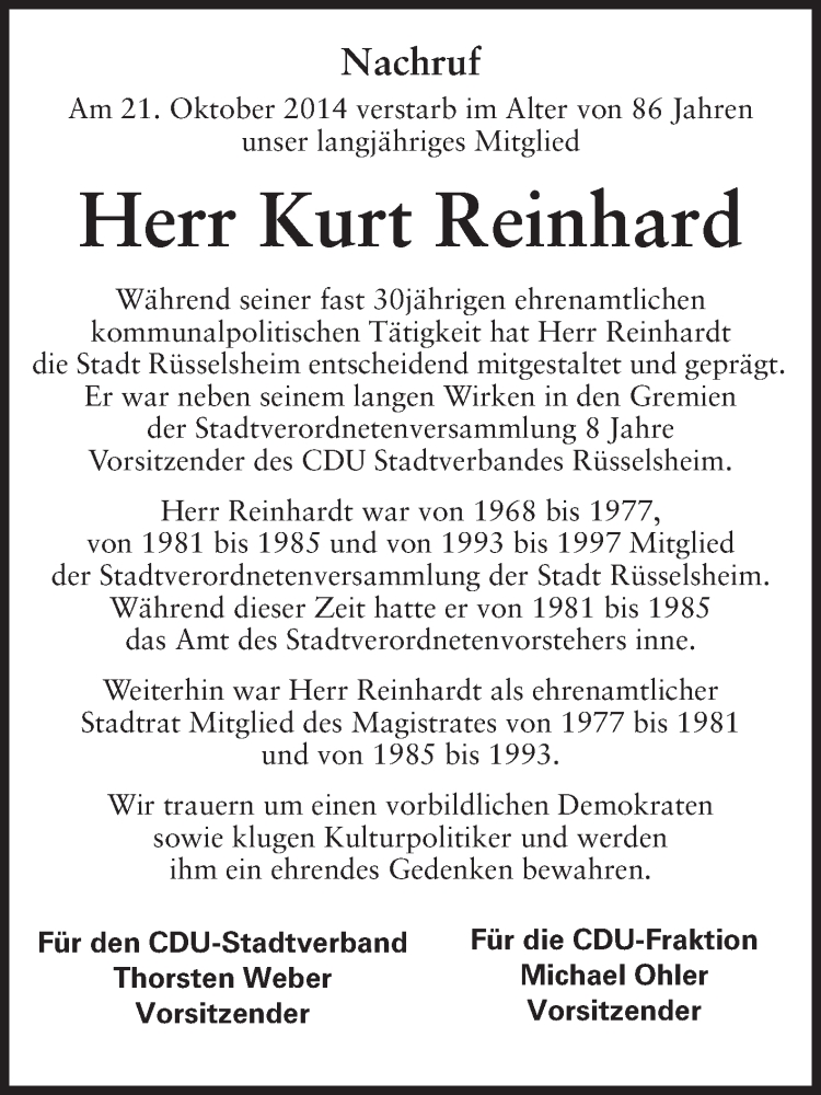  Traueranzeige für Kurt Reinhardt vom 01.11.2014 aus Rüsselsheimer Echo, Groß-Gerauer-Echo, Ried Echo
