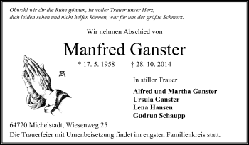Traueranzeige von Manfred Ganster von Odenwälder Echo