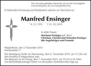 Traueranzeige von Manfred Ensinger von Starkenburger Echo