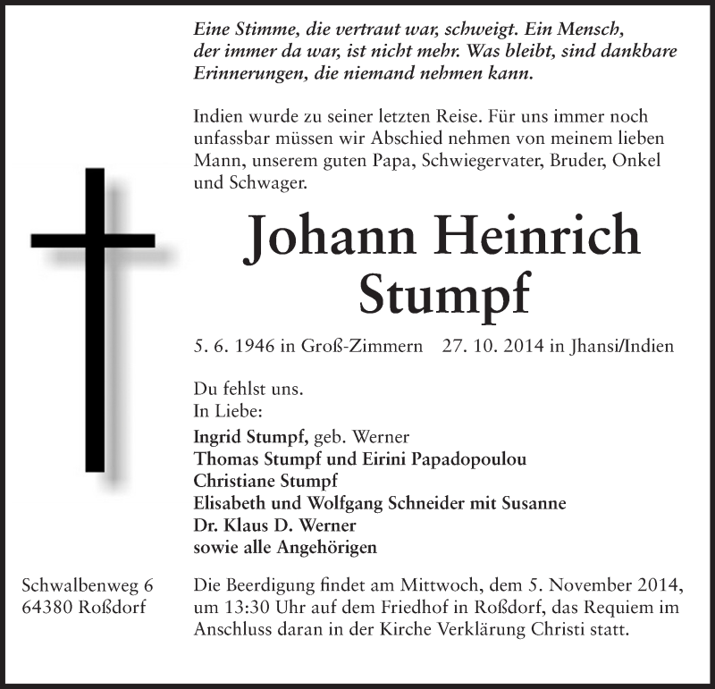  Traueranzeige für Johann Heinrich Stumpf vom 03.11.2014 aus Echo-Zeitungen (Gesamtausgabe)