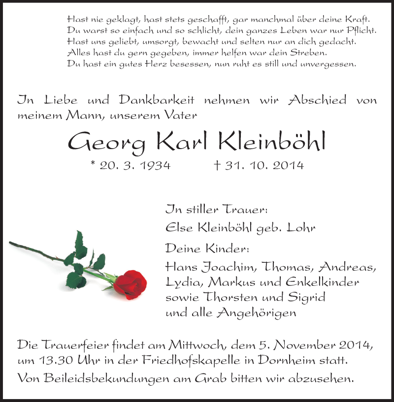  Traueranzeige für Georg Karl Kleinböhl vom 03.11.2014 aus Rüsselsheimer Echo, Groß-Gerauer-Echo, Ried Echo