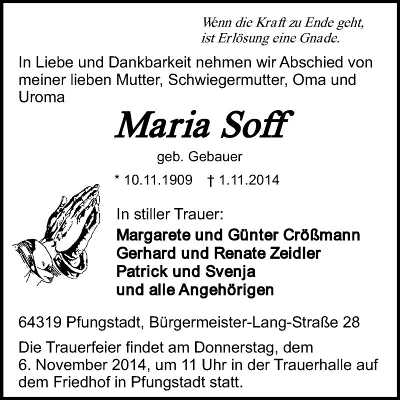  Traueranzeige für Maria Soff vom 04.11.2014 aus Echo-Zeitungen (Gesamtausgabe)