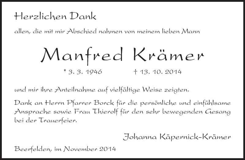  Traueranzeige für Manfred Krämer vom 08.11.2014 aus Odenwälder Echo
