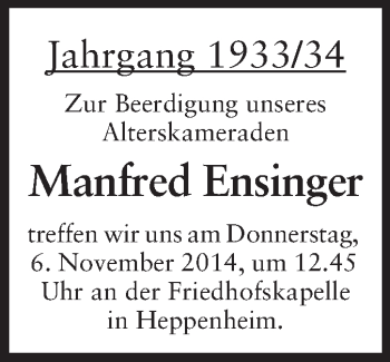 Traueranzeige von Manfred Ensinger von Starkenburger Echo
