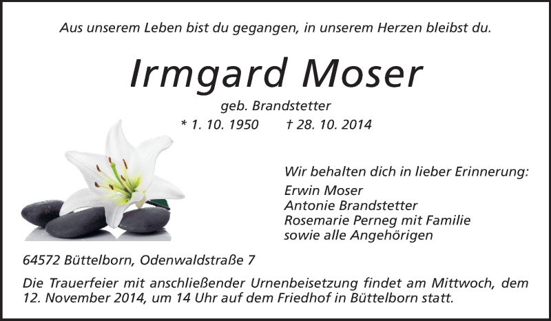  Traueranzeige für Irmgard Moser vom 05.11.2014 aus Rüsselsheimer Echo, Groß-Gerauer-Echo, Ried Echo
