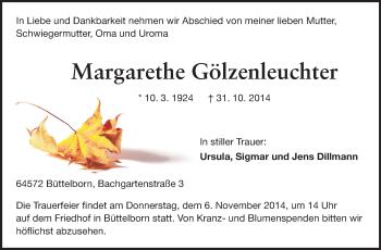 Traueranzeige von Margarethe Gölzenleuchter von Rüsselsheimer Echo, Groß-Gerauer-Echo, Ried Echo