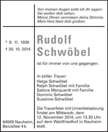 Traueranzeige von Rudolf Schwöbel von Rüsselsheimer Echo, Groß-Gerauer-Echo, Ried Echo