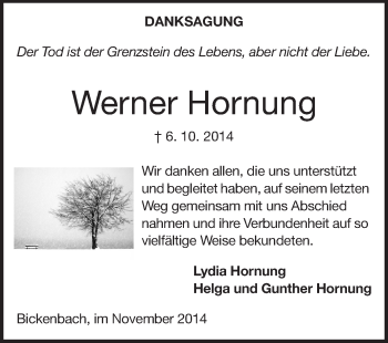 Traueranzeige von Werner Hornung von Echo-Zeitungen (Gesamtausgabe)