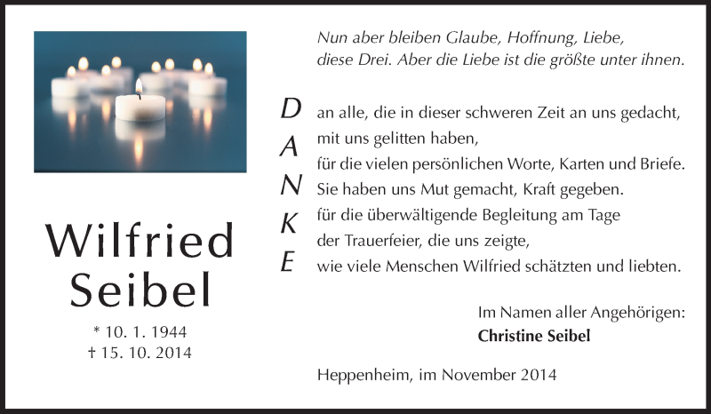  Traueranzeige für Wilfried Seibel vom 08.11.2014 aus Starkenburger Echo, Bergsträßer Anzeiger
