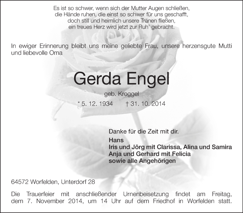 Traueranzeige für Gerda Engel vom 05.11.2014 aus Rüsselsheimer Echo, Groß-Gerauer-Echo, Ried Echo