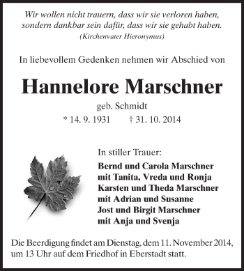 Traueranzeige von Hannelore Marschner von Echo-Zeitungen (Gesamtausgabe)