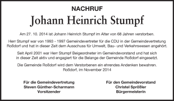 Traueranzeige von Johann Heinrich Stumpf von Echo-Zeitungen (Gesamtausgabe)