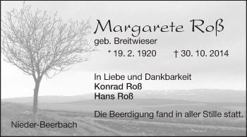 Traueranzeige von Margarete Roß von Echo-Zeitungen (Gesamtausgabe)