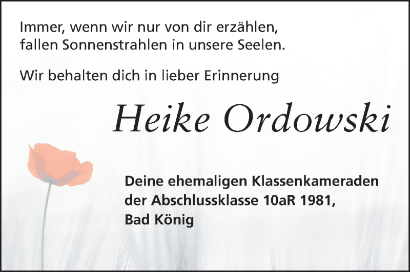  Traueranzeige für Heike Ordowski vom 08.11.2014 aus Odenwälder Echo
