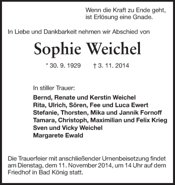 Traueranzeige von Sophie Weichel von Echo-Zeitungen (Gesamtausgabe)
