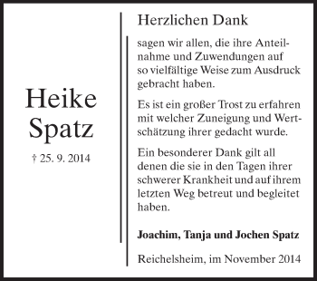 Traueranzeige von Heike Spatz von Odenwälder Echo