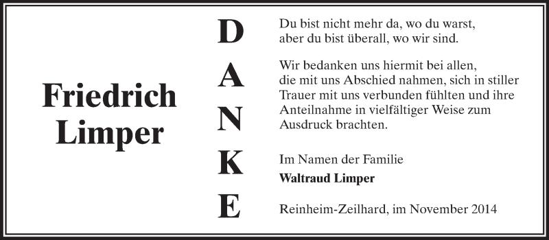  Traueranzeige für Friedrich Limper vom 08.11.2014 aus Echo-Zeitungen (Gesamtausgabe)