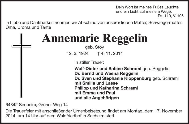  Traueranzeige für Annemarie Reggelin vom 08.11.2014 aus Echo-Zeitungen (Gesamtausgabe)