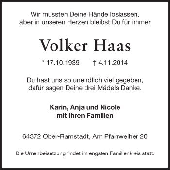Traueranzeige von Volker Haas von Echo-Zeitungen (Gesamtausgabe)