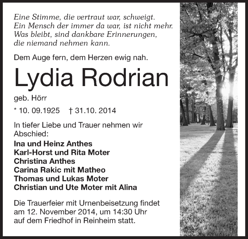  Traueranzeige für Lydia Rodrian vom 08.11.2014 aus Echo-Zeitungen (Gesamtausgabe)