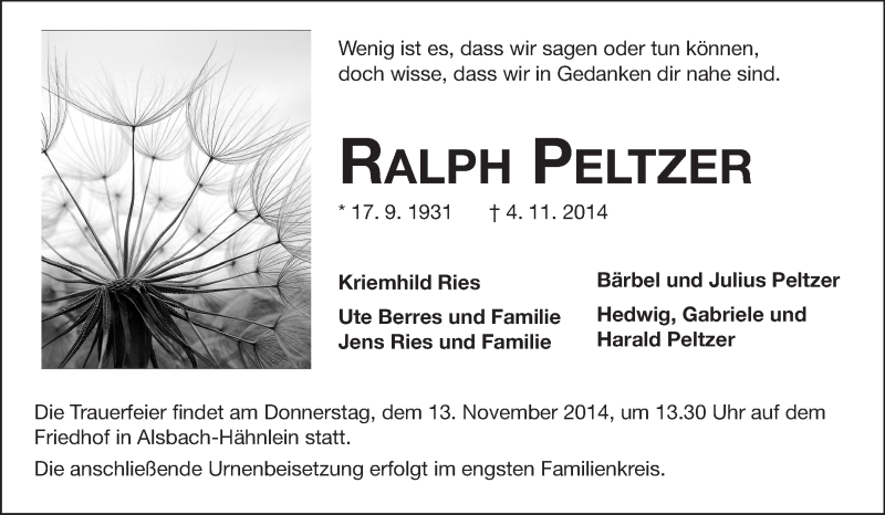 Traueranzeige für Ralph Peltzer vom 08.11.2014 aus Echo-Zeitungen (Gesamtausgabe)