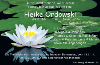 Traueranzeige von Heike Ordowski von Odenwälder Echo