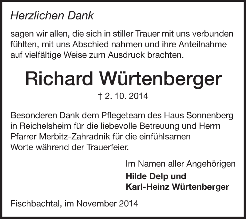  Traueranzeige für Richard Würtenberger vom 08.11.2014 aus Echo-Zeitungen (Gesamtausgabe)
