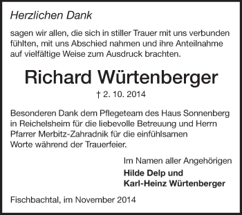 Traueranzeige von Richard Würtenberger von Echo-Zeitungen (Gesamtausgabe)