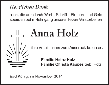 Traueranzeige von Anna Holz von Odenwälder Echo