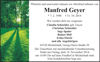 Traueranzeige von Manfred Geyer von Odenwälder Echo