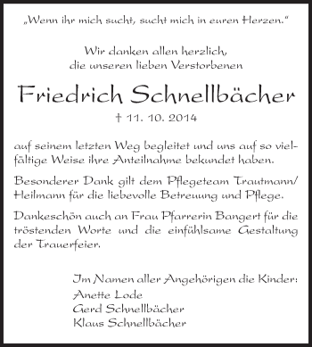 Traueranzeige von Friedrich Schnellbächer von Odenwälder Echo
