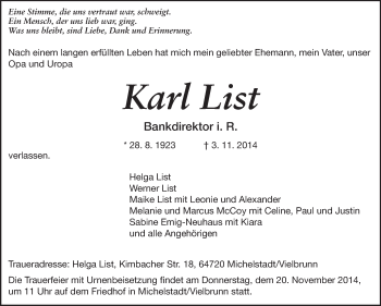 Traueranzeige von Karl List von Echo-Zeitungen (Gesamtausgabe)