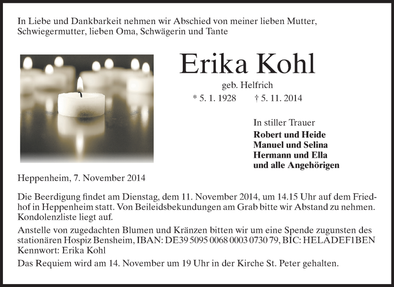  Traueranzeige für Erika Kohl vom 07.11.2014 aus Starkenburger Echo