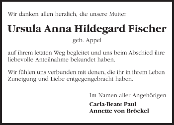 Traueranzeige von Ursula Anna Hildegard Fischer von Starkenburger Echo