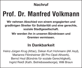 Traueranzeige von Manfred Volkmann von Rüsselsheimer Echo, Groß-Gerauer-Echo, Ried Echo